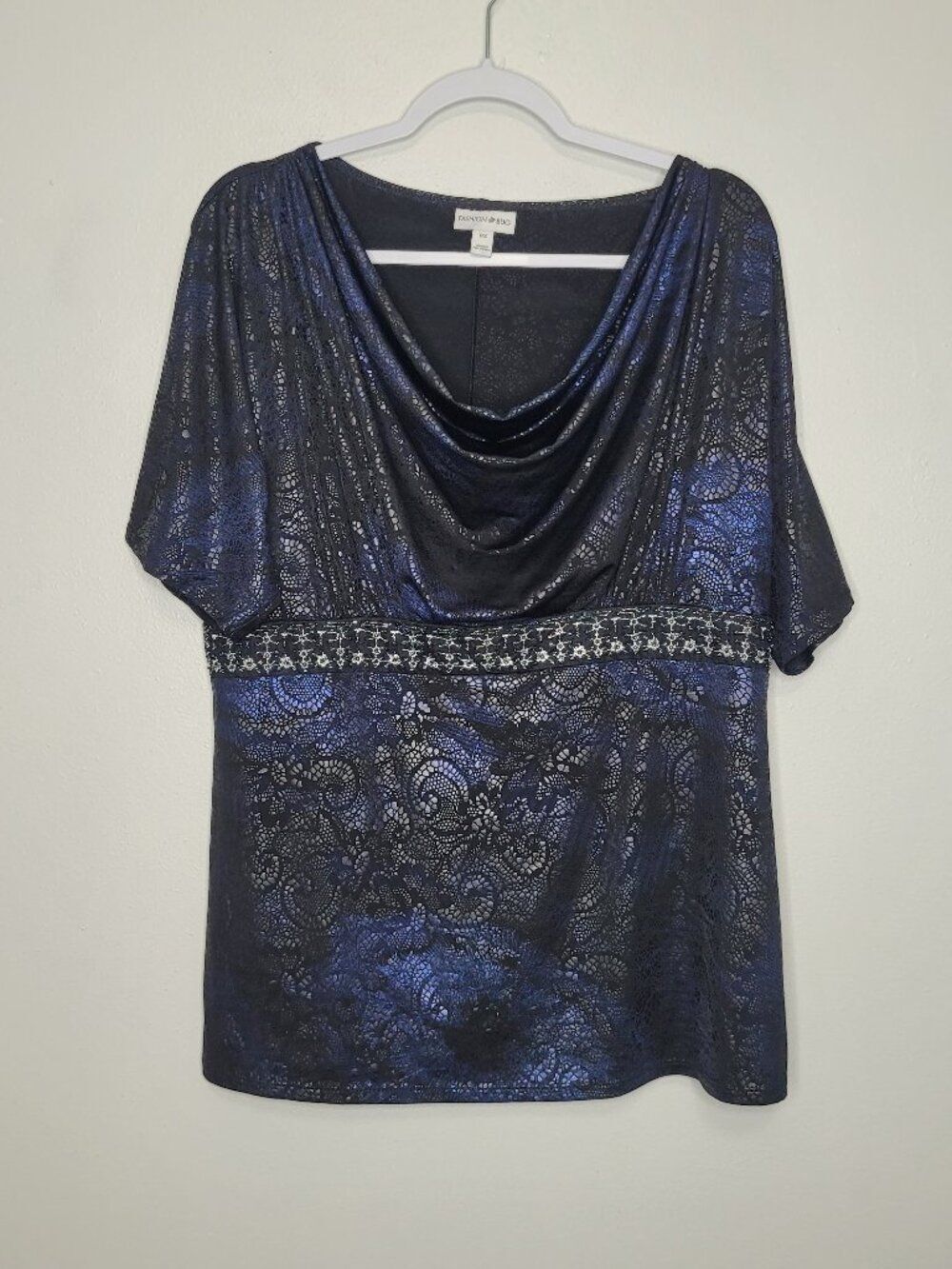 y2k Fashion Bug black blue short sleeve grunge iridescent cowl going out top 0x